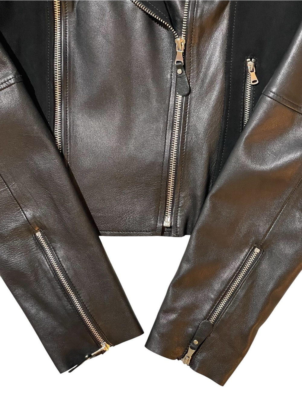 PAIGE Silvie Black Leather Suede Contrast Cropped Moto Jacket XS - Picture 7 of 12